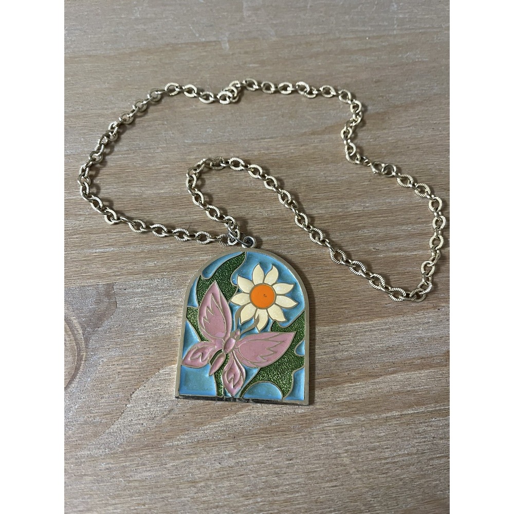 Vintage‎ 70s Butterfly Flower Enamel Pendant Neclace 15" Gold Costume Jewelery